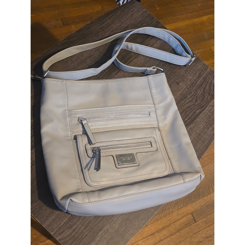 Tignanello Gray Pebbled Leather Crossbody Bag Wallet Front Adjustable Strap